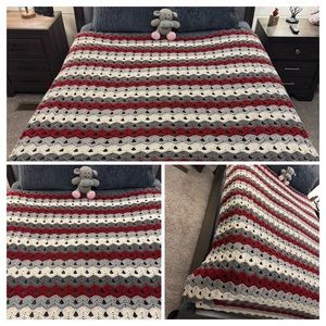 Handmade Crochet Blanket in Cranberry, White, and Gray